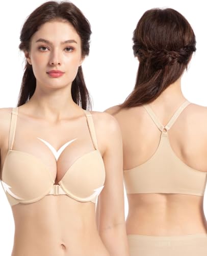 Image of YANDW Racerback Push Up Padded Bras for Women Add 2 Cup Front Closure Back Smoothing T Back Plunge Underwire Bra