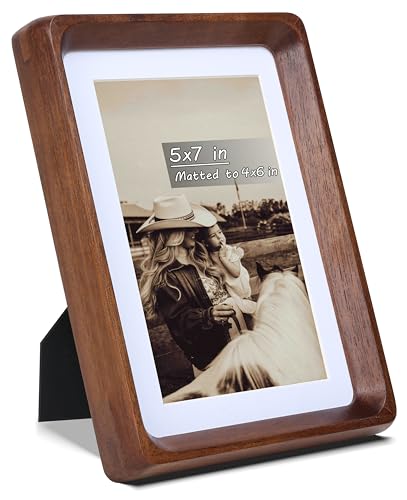 Image of 5x7 Picture Frame with Mat for 4x6, USA-Sourced Natural Walnut Wood Handcrafted Rounded Corner with Real Glass, Vertical or Horizontal Display Photo Gallery Wall & Tabletop Frame