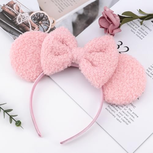Image of DRESHOW Wool Mouse Ears Bow Headbands Fluffy Hair Bands Bow Hairband Soft Plush Headwear Party Decoration Cosplay Costume for Women