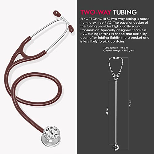 Image of ELKO EL-170 TECHNO III SS Stainless Steel Acoustic Stethoscope | Adult & Pediatric Stethoscope With Double Sided Chestpiece | Two-Way PVC Tubing | Doctors & Medical Students (Brown)