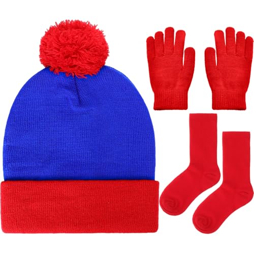 Shinymoon Halloween Character Cosplay Knit Pom Beanie Hat Glove Socks Halloween Headdress for Men Women Costume Accessories (Red and Blue)