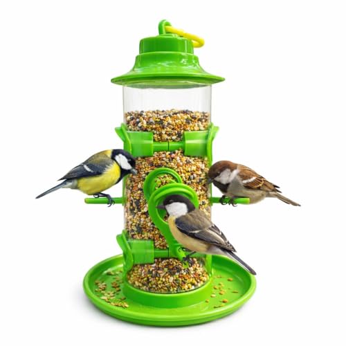 Image of Hanging Need Hut Shape Bird Feeder,6 Feeding Nozzles Green, Transparent Tube,Perch Feeder for Outdoor Garden,Balconies Pack of 1 (Set 1)