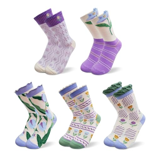 Image of HOMSSEM Floral Crew Socks - 5Pair Flower Graphic Soft Cotton Socks for Women, Teen Girls - for Sandals, - Cute Vibrant Colors