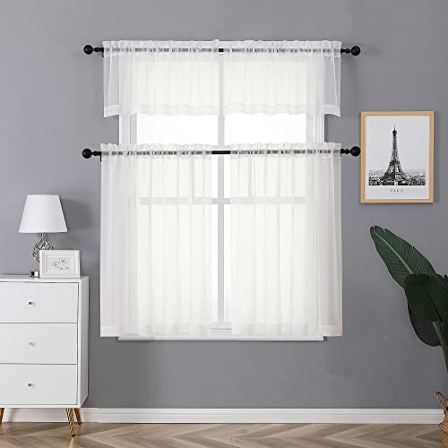 Image of Chyhomenyc Ivory Sheer Curtains Tier 36 inch Length 2 Panels, Light Filtering Airy Rod Pocket Short Curtains Window Treatment for Small Windows /Bathroom /Cafe /Living Room /Farmhouse, 42x36 Inch
