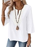 Rapbin Weisse Blusen Damen Elegante Oberteile 3/4 Arm V Ausschnitt Baumwolle Blusen Frühling Sommer Outfit Modern Tunika Weiß L