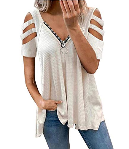 Yutila Tee-Shirt Été Chic Femme Tops Manches Courtes Sexy Épaules Dénudées Haut Blouse Décontracté Courte Col V Tunique Cover