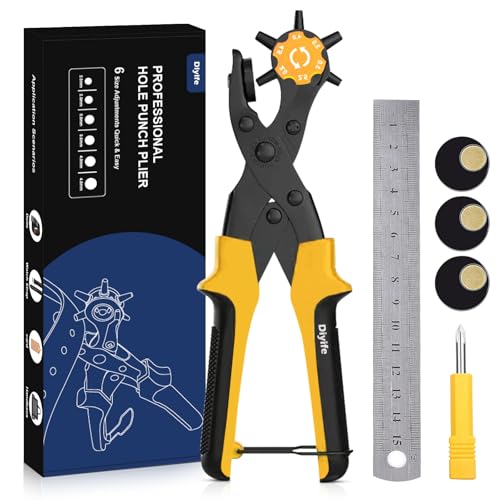 Belt Hole Puncher, [Perfect Full Set] Diyife Leather Punch with Ruler Extra Plate Screwdriver, Heavy Duty Revolving Punch Plier, Multi Sizes for Crafts, Card, Rubber, Paper(Yellow)