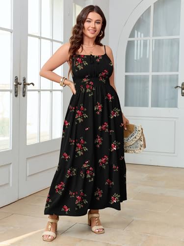 Image of SCOMCHIC Plus Size Summer Boho Dresses Spaghetti Strap Sleeveless Casual Sundress Smocked Flowy Slit Beach Maxi Dress