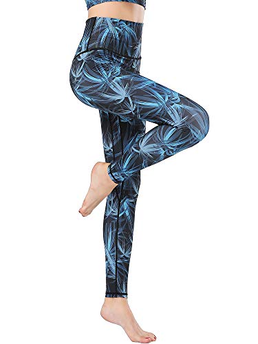 FLYILY Femmes Imprimé Pantalon de Yoga,Legging de Sport pour Femme Slim Fit Taille Haute Opaque Fitness Course Collants Compression(7-BlueLeaf,L)