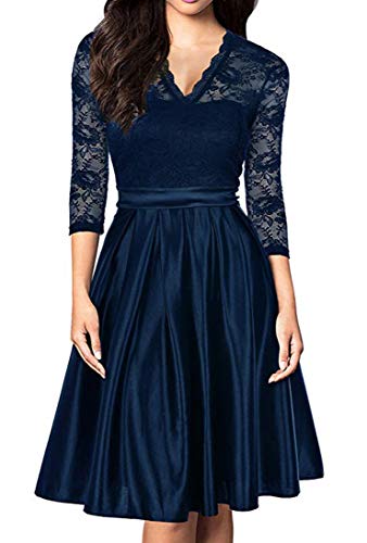 Mmondschein Women Vintage 1930s Style 3/4 Sleeve Black Lace A-line Party Dress Blue