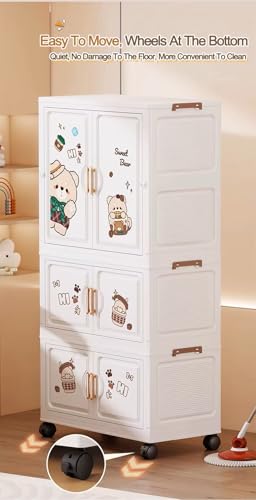 Image of YASONIC Plastic Wardrobe for Kids Clothes - Durable, Easy to Use Anti-Skid & Non-Slip Effective Professional Collapsible Wardrobe, Plastic Cupboard for Kids, Foldable Almirah (Cake Bear, 3 Tier)