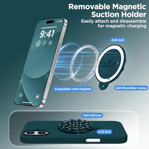 Image of Magnetic for iPhone 16 Case, Compatible with Magsafe, Suction Cup Phone Mount, [2 Screen Protectors][Camera Lens Protector] Silicone Shockproof Protective Slim Phone Cover 6.1 inch, Dark Green
