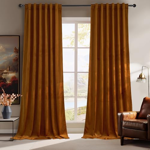 RYB HOME Plush Velvet Curtains, Heavy Duty Back Tab Decorative Window Drapes Privacy Room Darkening Covering for Living Room Playroom, Golden Oak, W52 x L90 inches, Set of 2 Panels by RYB HOME - Used condition - CA$28.23