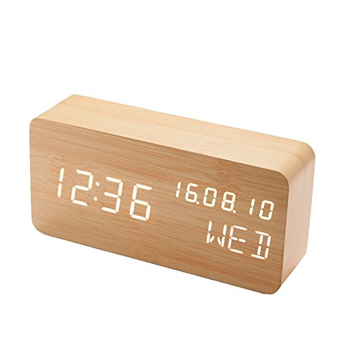 NewL Houten LED Alarm Klok, Zeavane Elektronische Digitale LED Bureau Klokken met 3 Helderheid Verstelbaar, 3 Set van Alarm voor Slaapkamer Office Home