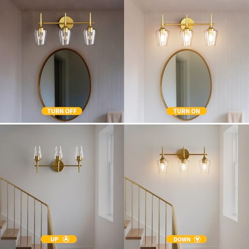 Image of 22 Inch 3-Light Gold Bathroom Vanity Light Fixtures | Wine Glass Clear Glass Wall Sconce, Modern Wall Mount Light for Bathroom, Hallway, Bedroom