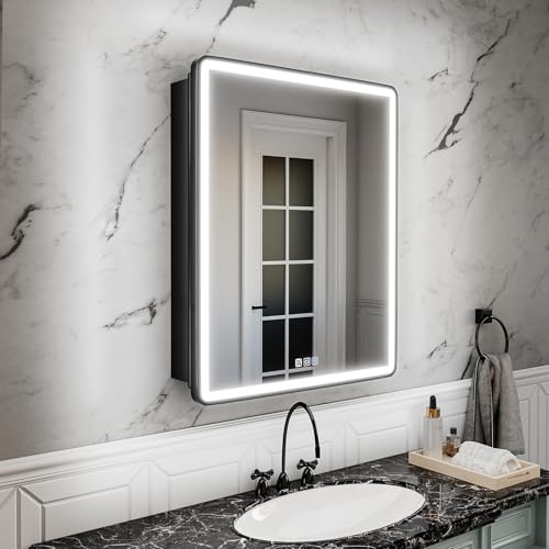 ComfyStyle 24x30 Lighted Medicine Cabinet with Mirror, Sand Black Frame,3 Colors Temper dimmable,led Medicine Cabinet with Mirror defog,stepless dimming,Surface or Recessed Mount,Door Right Open