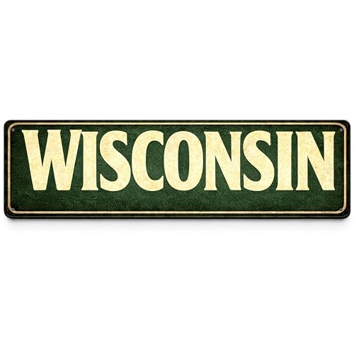 NQM Wisconsin State Sign, 4x16 Vintage Aluminum Wall Decor, Cozy Northern State Name Plaque for Cabin, Lake House, Office and Wisconsin Pride