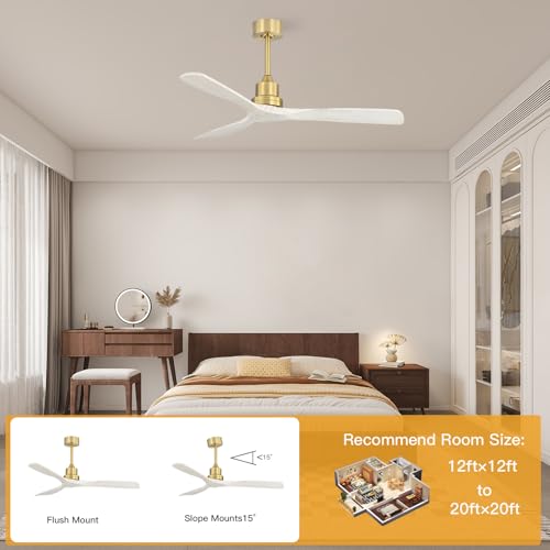 Image of Sofucor Ceiling Fan without Lights, 52 Inch Low Profile Flush Mount Mordern Wood Ceiling Fan with Remote for Indoor Farmhouse Bedroom Living Room Outdoor Patio Porch, Reversible DC Motor, Noiseless