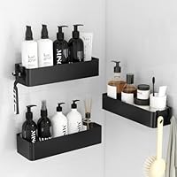 Kitsure 3 Pack Rustproof Shower Caddy - 2 Shelves, Drill-Free & Quick-Dry Shower Organizer, Rustproof Bathroom Shelves with 4 Hooks, Large, Black