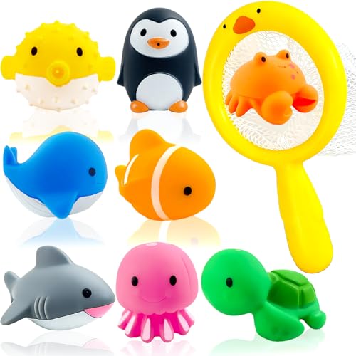 Guopai Giochi Bagnetto Neonato, 9 Pezzi Giocattoli da Bagno Galleggianti a Forma di Animali Marini, Giochi d’Acqua per Bambini, Squirt Toys per Vasca e Piscina, Regalo per Ragazzi e Ragazze