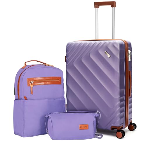 Image of 3 piece Luggage Set Expandable Suitcase 22x14x9 Airline Approved Carry on, ABS Hard Case Suitcases with Spinner Wheels,TSA Lock, (purple, 3 Piece Sets(20 /BP /TB))