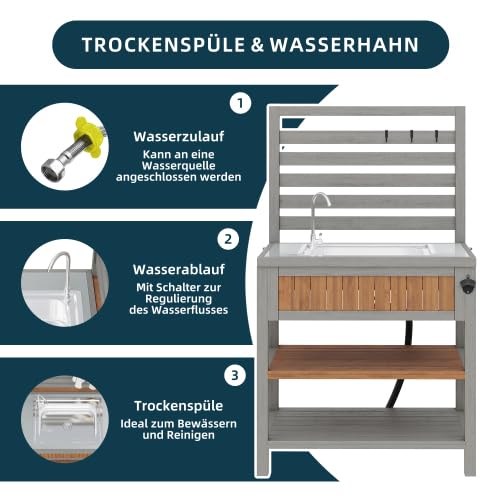 Merax Gartenschrank mit Wasserbecken & Wasserhahn – Wetterfester Geräteschrank mit großer Edelstahl-Arbeitsfläche, Schublade & integriertem Flaschenöffner, Outdoor-Küchenschrank