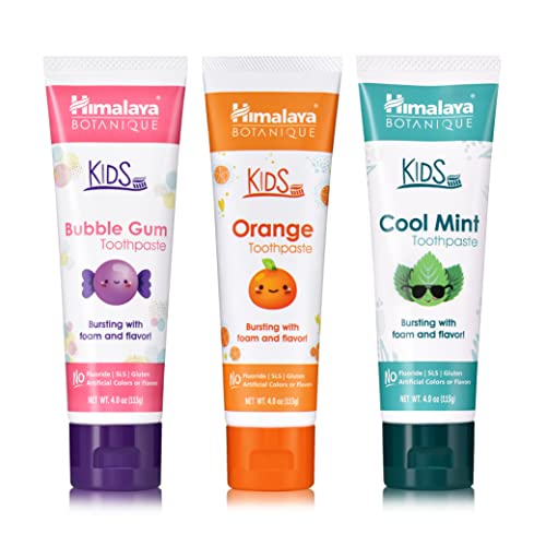 Himalaya Botanique Kids Toothpaste with Xylitol, Variety Pack of Bubble Gum, Orange & Cool Mint - Fluoride Free Toothpaste - Vegan, Gluten Free, No...