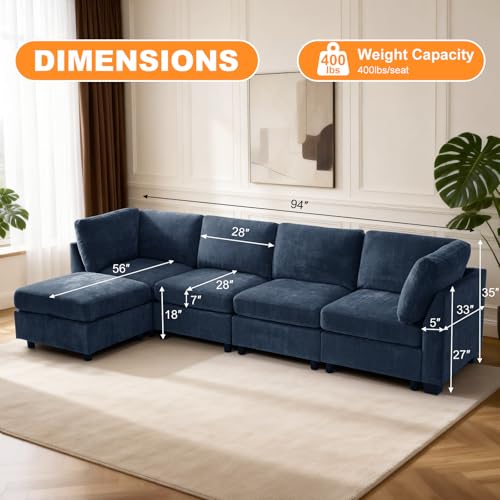 Image of TEKAMON 122 inch L Shaped Modern Sofa Modular Sectional Couch with Ottoman, 5-Seat Chenille Deep Seat Sofa for Living Room, Bedroom and Apartment, Blue