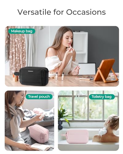 BAGSMART Travel Toiletry Bag for Women, Puffy Cosmetic Makeup Bag Organizer, Large Wide-open Travel Organizer for Toiletries, Dopp Kit Water-resistant Makeup Case for Accessories-Camel2