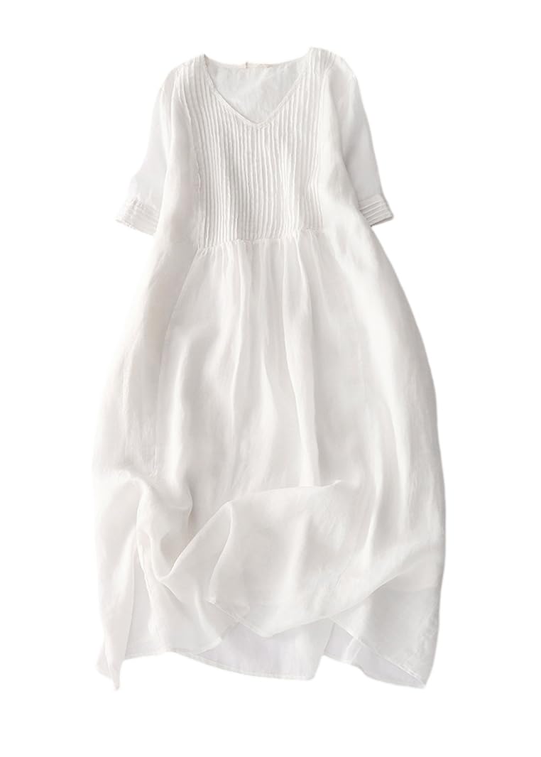 ORANDESIGNE Vestido Largo de Lino para Mujer Moda Cuello en V Manga Corta Color Sólido Verano Boho Midi Vestido Suelto Informal Retro Vestido Playa de Lino y Algodón Suelto