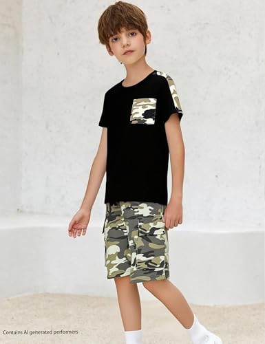 Image of mksodopy Boys Summer Outfit Set 2 Piece T Shirt and Camo Shorts Casual Clothes for Little Big Boys 5-16