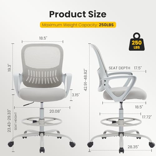 Image of Sweetcrispy Tall Drafting Desk Chair - Ergonomic High Stool Computer with Adjustable Height and Comfy Lumbar Support, Office Rolling Counter with Flixed Arms and Footrest, Grey