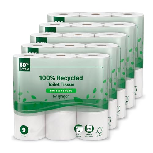 by Amazon Toilet Roll, 3-ply 100% Recycled, Soft and Strong, 45 Rolls (5 Packs of 9), 200 Sheets per Roll, FSC Certified
