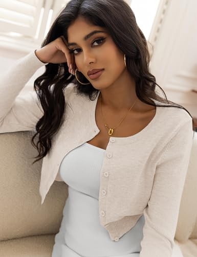 Image of Women's Cropped Cardigan Sweaters Crew Neck Button Down Open Front Knit Bolero Shrugs