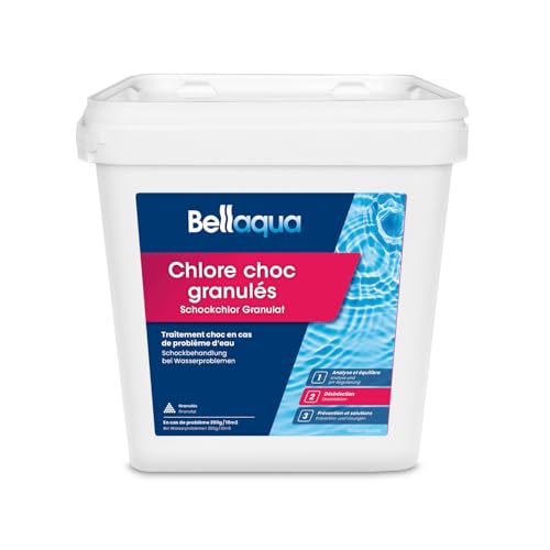 Bellaqua Chlore Choc Piscine 5kg – Traitement Choc Puissant – Granulés de Chlore Choc Rapide pour Piscine – Désinfection Immédiate Eau Trouble ou Verte
