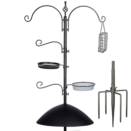 Backyard Expressions Heavy Duty Bird Feeding Station Kit w/Squirrel Baffle - 90' Bird Feeder Pole with 5 Prong Base, Suet Feeder, Mesh Feeding Tray, 4 Feeder Hooks, Water Dish - Black w/Gold Fleck