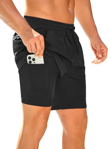 INCERUN Mens Swim Trunks with Compression Linner Waterproof Swimming Beach Swim Shorts with Zipper Pocket Quick Dry Board Shorts Swimwear 2 in 1 Bathing Suit Swimsuit Black XX-Large