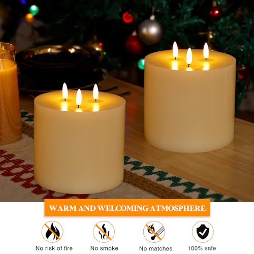 Image of Extra Large Flameless Candles, 6 inchx6 inch Real Wax Battery Operated Candles with Remote and Timer, Flickering LED Pillar Candles with 3 Wicks for Home, Wedding, Party, Holiday, Ivory