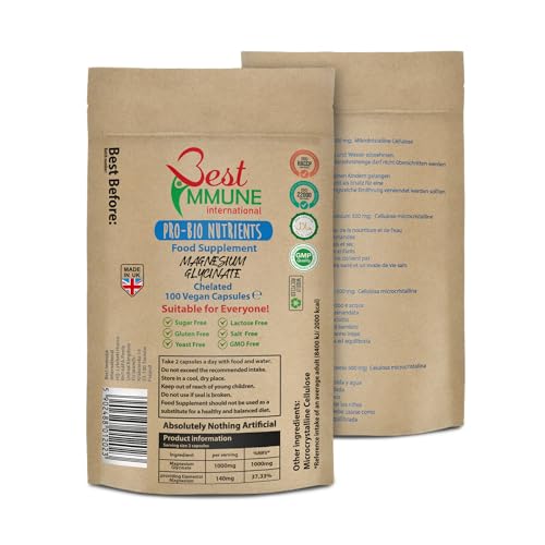 Best Immune International Natürliches Magnesiumglycinat 500 mg 100 Vegane Kapseln in Öko-Verpackung
