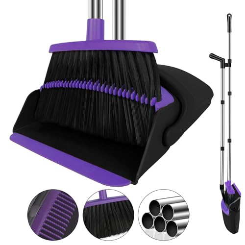 Image of UDUK Broom with Dustpan Combo Set, 51 inch Household Dustpans and Broom, Standing Dust Pan Set for Home, Purple Cleaning Set for Kitchen Lobby Indoor Outdoor