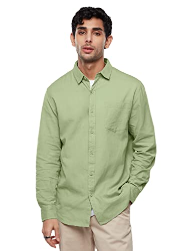 Image of The Souled Store Solids: Pastel Lime Men and Boys Regular fit Solid Full Sleeve Cottonblend Green Color Cotton Linen Shirts (221453 L Green) Shirt For Men Casual Half Sleeves Regular Fit Printed Styli