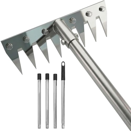 2 in 1 Weeding Rake w/ 60 Handle 8-Teeth Garden Weed Puller Tool Heavy Duty Gardening Tool for Lawn Flower Beds Cultivating & Soil Aeration (1 Chrome)