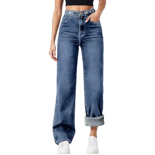 Generisch Pantalones vaqueros térmicos para mujer, forro polar, pantalones vaqueros anchos, cintura alta, pantalones vaqueros rectos de pierna ancha, pantalones vaqueros Y2K con bolsillos, para mujer