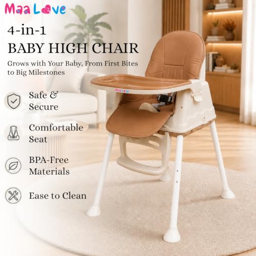 Image of Maa Love 4-in-1 Baby High Chair for 0-5 Years, Adjustable Height Feeding Chair with Detachable Tray, One-Hand Fold, Multifunctional High Chair (Brown)
