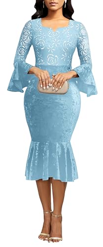 Image of Midi Lace Dress for Women Bodycon Dress Church Cocktail Party Clothes | Square Neck,Lace Bell Sleeve,Velvet Look,Mermaid Hem,Midi Dresses,Cocktail Party,Wedding Guest Party,Formal Event Outftis