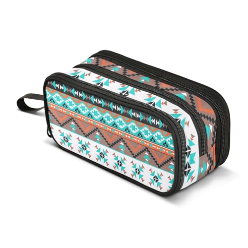 Image of ZAZYXTJ Western Aztec Large Capacity Pencil Case 3 Compartment Pen Pouch Storage Canvas Makeup Bag for School Office Teen Girl Boy Men Women