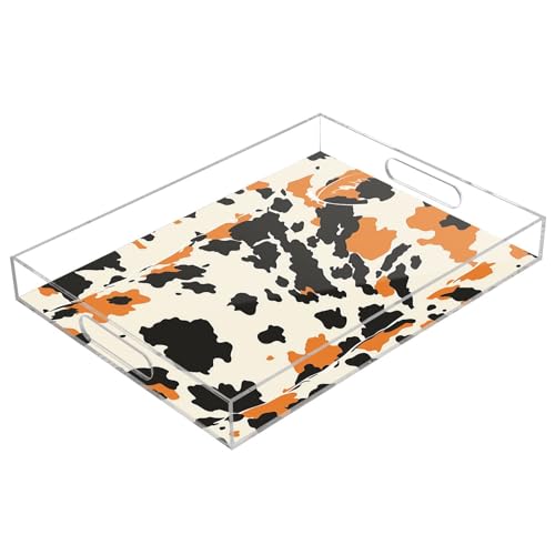 IOACIY Clear Serving Tray 12x16 Inches Acrylic Decorative Tray Organiser for Ottoman Coffee Table Countertop with Handles, Cow (29)