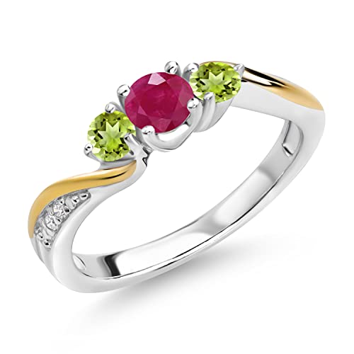 925 Sterling Silver and 10K Yellow Gold Red Ruby Green Peridot and White Lab Grown Diamond 3 Stone Engagement Ring For Women (0.62 Cttw, Gemstone July Birthstone, Available In Size 5, 6, 7, 8, 9)