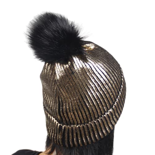 Women Girls Metallic Winter Hat Soft Warm Knitted Beanie Pom Pom Skull Cap (Gold) #TOP5