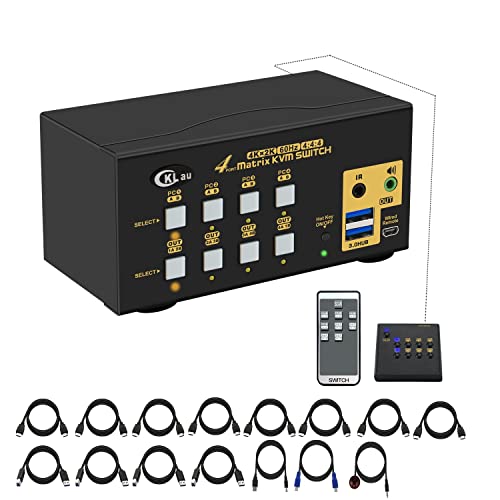 CKLau USB 3.0 4x2 Matrix Dual Monitor KVM HDMI Switch 4K@60Hz with Audio and Cables, Keyboard Video Mouse Switch Support EDID, HDMI 2.0, HDR 10